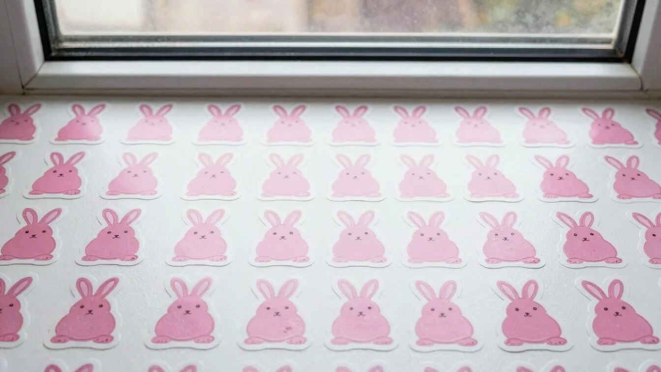Grupo pequeño de stickers de conejitos rosas sobre fondo blanco,