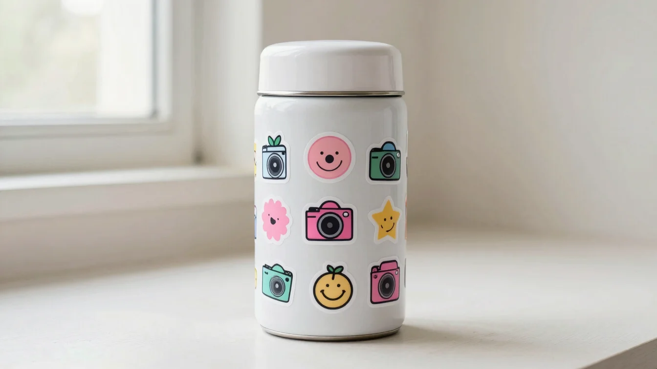 Colección de stickers pequeños de detalle sobre un termo blanco,