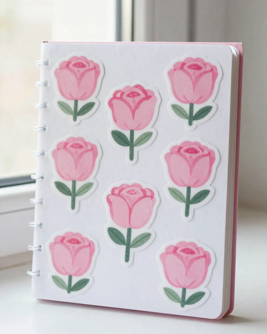 Fotografía de producto cenital de stickers rosas y blancos pegado